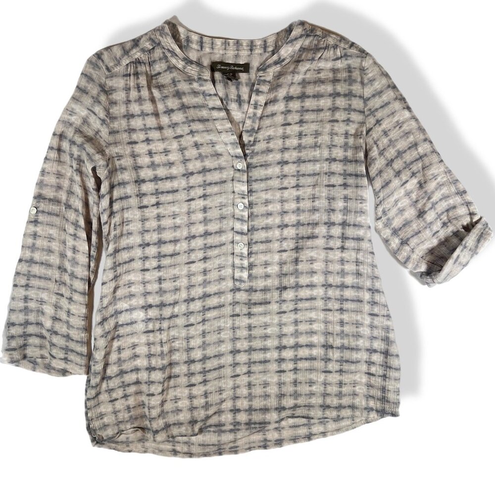 Tommy Bahama Womens Button-Front Blouse SZ S Beige Gray